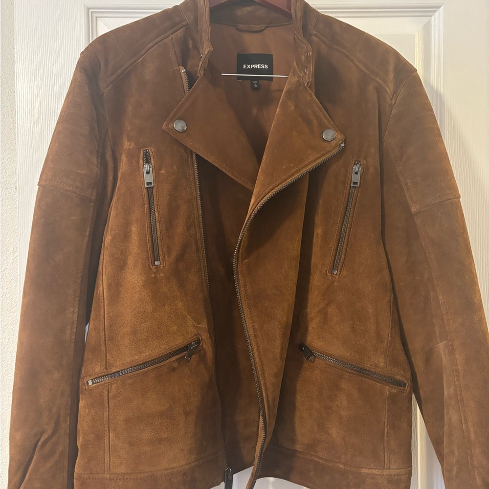 Men’s Express Tan Suede Asymmetrical Zip  Moto Jacket in Men’s Medium